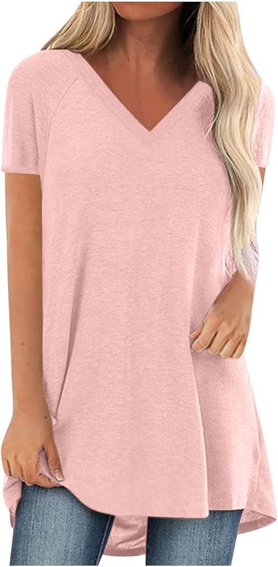 Chemises longues pour femmes à porter avec des leggings, manches courtes, col en V, tuniques, chic et décontractées, blouses mignonnes et autres vêtements