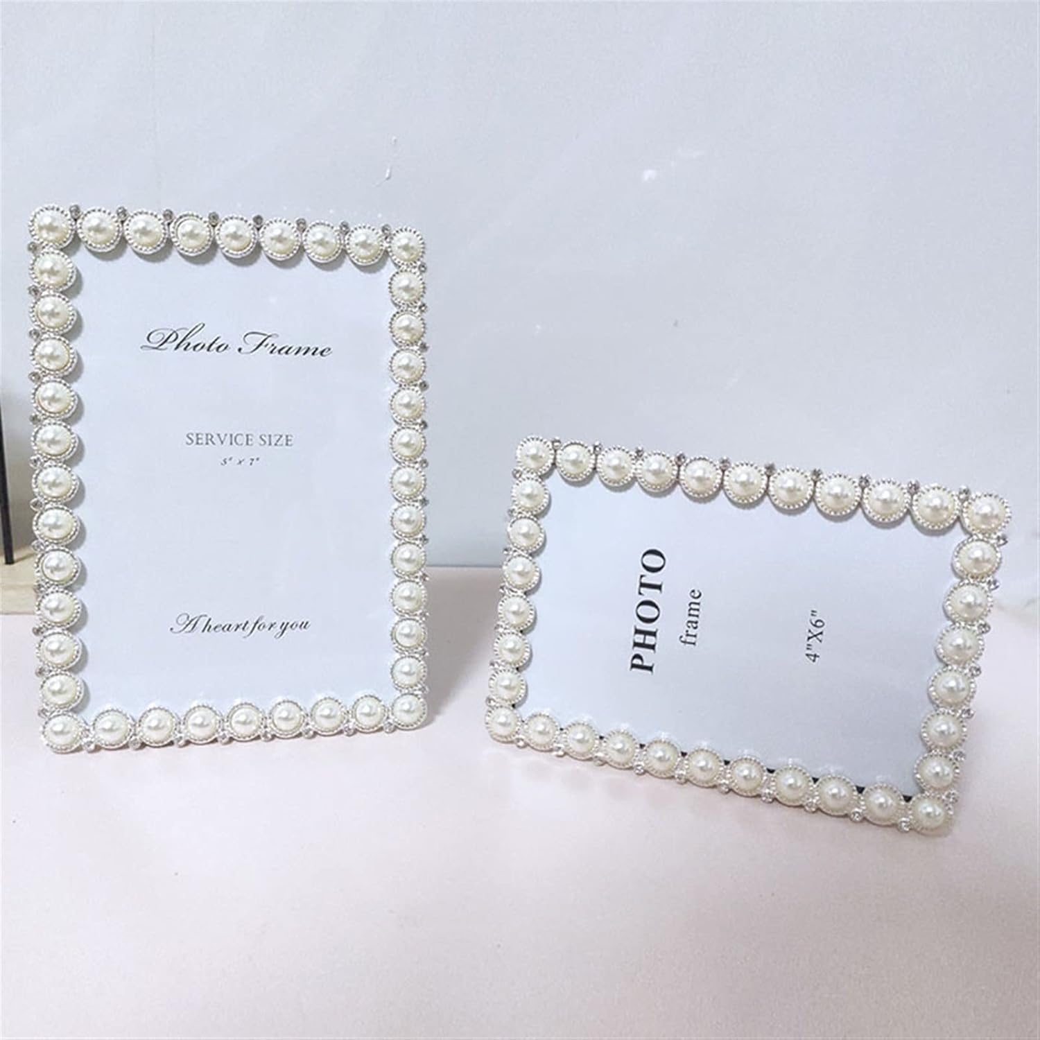 Romantic Vintage Photo Frame Metal Pearl Diamond Frame Round Rectangular DIY Picture Frame Wedding Table Decoraion Photo Frames for Wall and Tabletop Display (Size : 7 inc ()