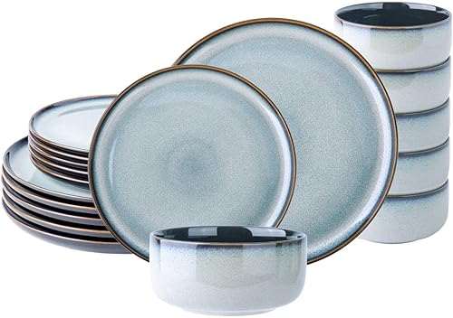 LeRatio Juego de vajilla de cerámica para 6, juegos de platos y cuencos de porcelana, juego de platos esmaltados reactivos hechos a mano,