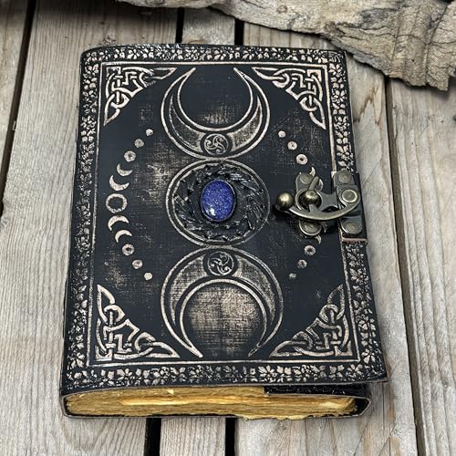 Lapis – Diário de couro preto com lua tripla A5 | Pedra lápis-lazúli na parte superior | 200 páginas