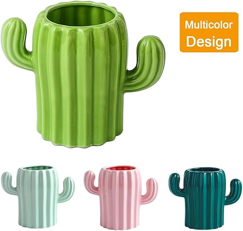 Miniatura 2 de YOSCO Soporte de cerámica para lápices de cactus, lindo vaso para escritorio para niños, lindo cactus decoración de oficina, accesorios de