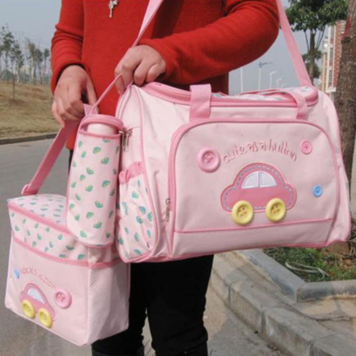 UPKOCH Wickeltaschen Satz 4-in-1 mit Großem Fassungsvermögen Rosa | Oxford Gewebe, Pvc Futter, Verstellbarer Schultergurt, Satz mit Großer Tasche, Kleiner Tasche, Flasche