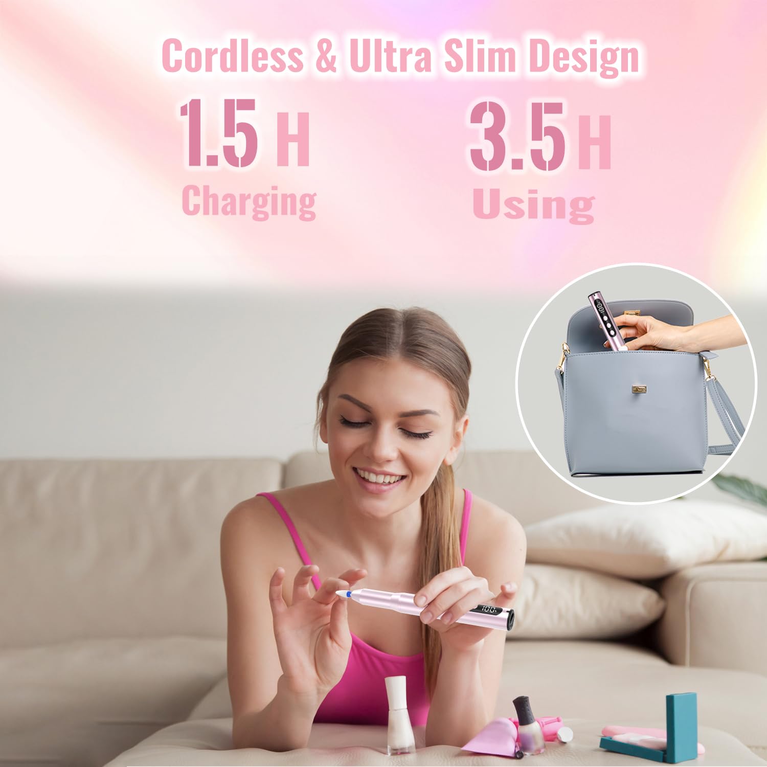 Nagelfräser Kabellos 35000 U/Min, Elektrische Nagelfeile 12 in 1 Fräser Nägel Professionell Nail Drill, Nagelfräser für Gelnägel, für Semi Permanent und Acrylnägel, Maniküre Pediküre Rosa