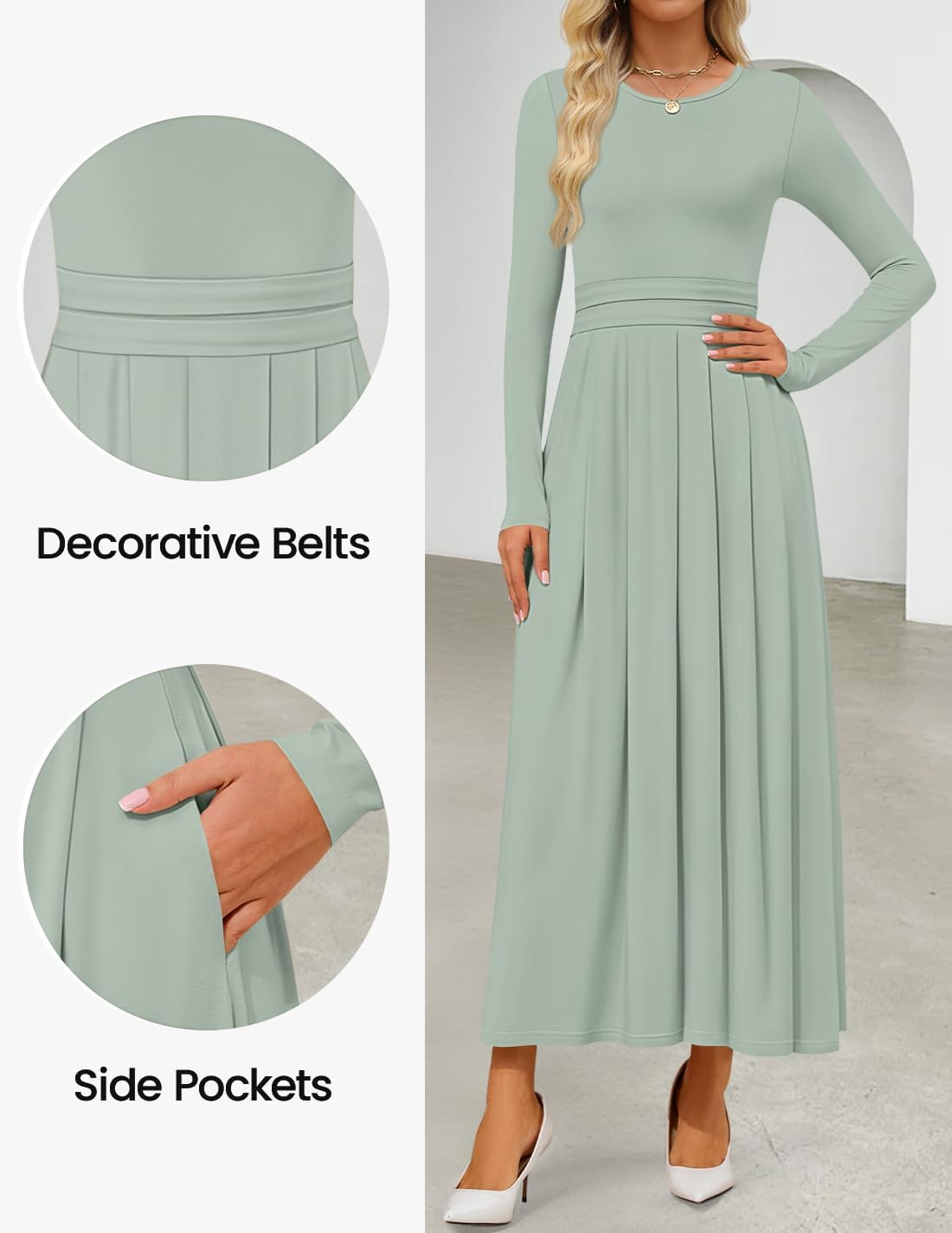 ZESICA Women's Elegant Long Sleeve Maxi Dress 2026 Spring Crewneck Knit High Waist Pleated Flowy A Line Casual Party Dresses - Image 5
