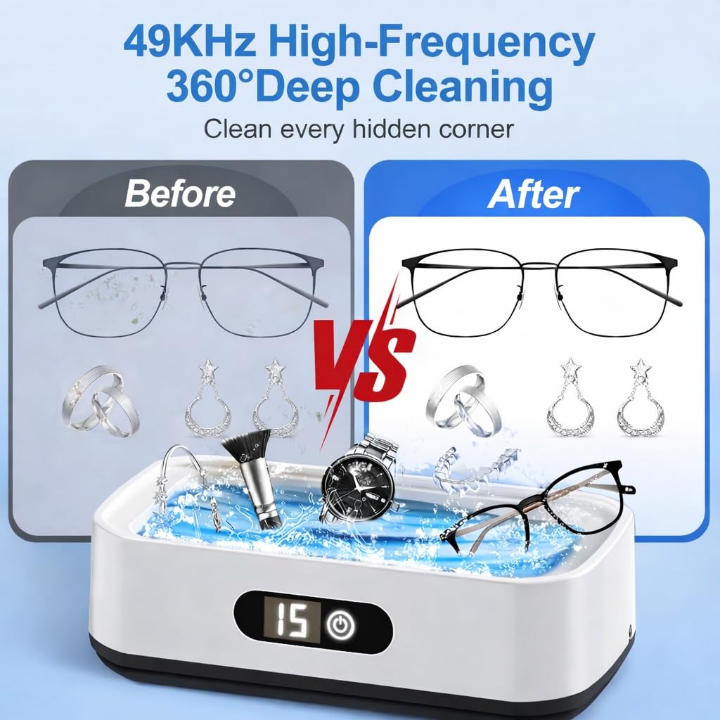 Ultrasonic Jewelry Cleaner 49kHz with 304 Stainless Steel Tank, Professional Ultrasonic Jewelry Cleaner Machine for Rings, Glasses, Watches, Gold Silver Diamond