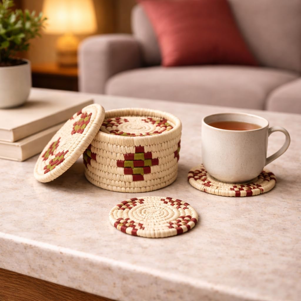 Natriel Sabai Grass Handwoven Round Coaster Set with Storage Box, Natural White with Burgundy and Green Pattern, 1.77 Inch Diameter, 6 Piece Set