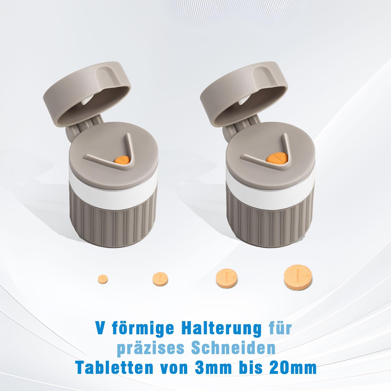 Tablettenmörser 4-in-1, Tablettenschneider mit Aufbewahrung, Tablettenzerkleinerer zum Tabletten zerkleinern, tragbarer Tablettenzerkleinerer für Zuhause & Reise (grau)