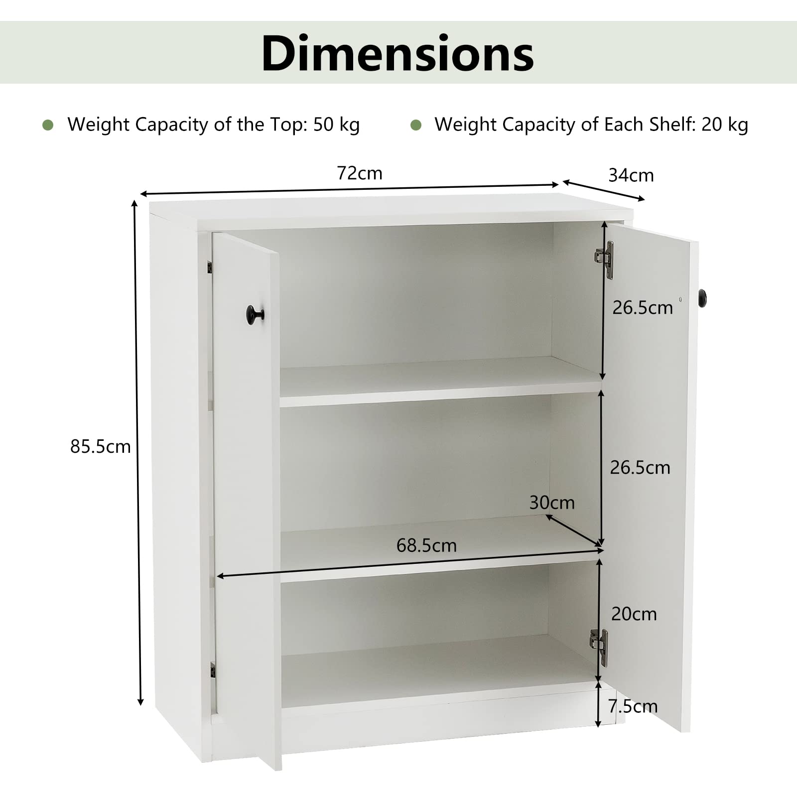 KOMFOTTEU Aparador de Cocina con 2 Puertas, Armario Bajo con 3 Estantes, Mueble Buffet con Dispositivos Antivuelco, Mueble de Almacenamiento para Sala de Estar, Comedor, 72 x 34 x 86 cm (Blanco)