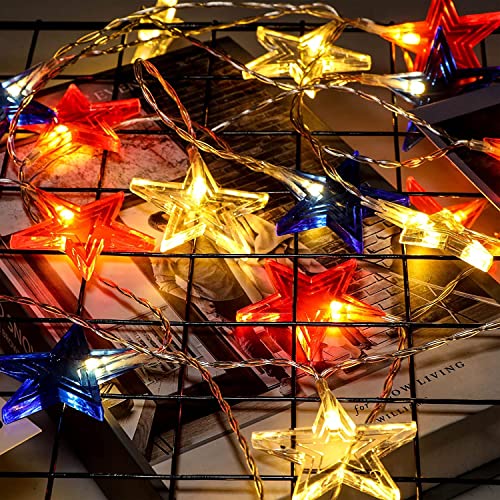 Riaxuebiy 20 LED Guirlandes étoiles,Bleu Blanc Rouge Étoiles Guirlande Lumineuses, Étoiles Lumières Féériques à Piles Blanc Chaud (3m/20led, Étoiles)
