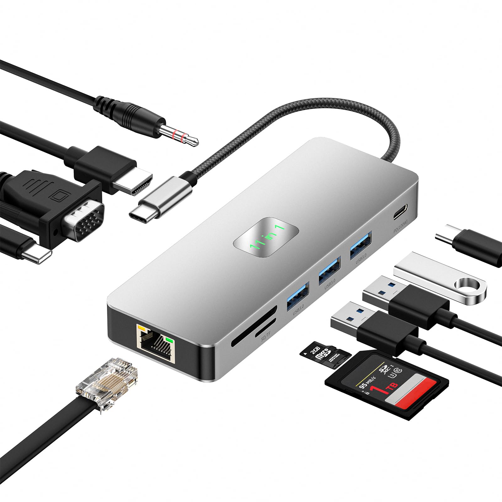 Stazione Docking USB C Dual Monitor, Stazione Docking 11-in-1 per Laptop | Hub USB-C Dual Display con 1x HDMI, DP, 3x Porte USB, 100W PD, 1x Porta Type-C, Ethernet, SD/TF, Audio/Mic per Dell, HP