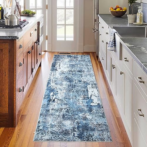 Runner Rug 2'6''x8' Hallway Washable Boho Soft Area Rug Abstract Pattern Non-Slip Faux Wool Vintage for Kitchen, Entryway, Laundry, Bedroom, Blue
