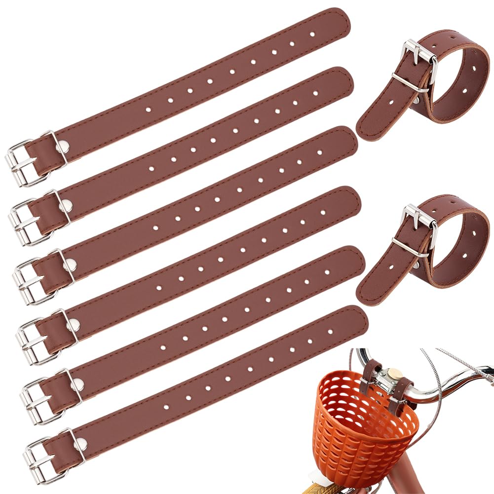 PH PandaHall 4 Pairs Bike Basket Straps, 22cm Long Brown Leather Strap Leather Leash Bicycle Buckles Adjustable Handle Bars Strap Belt for Bike Front Basket Bicycle Basket