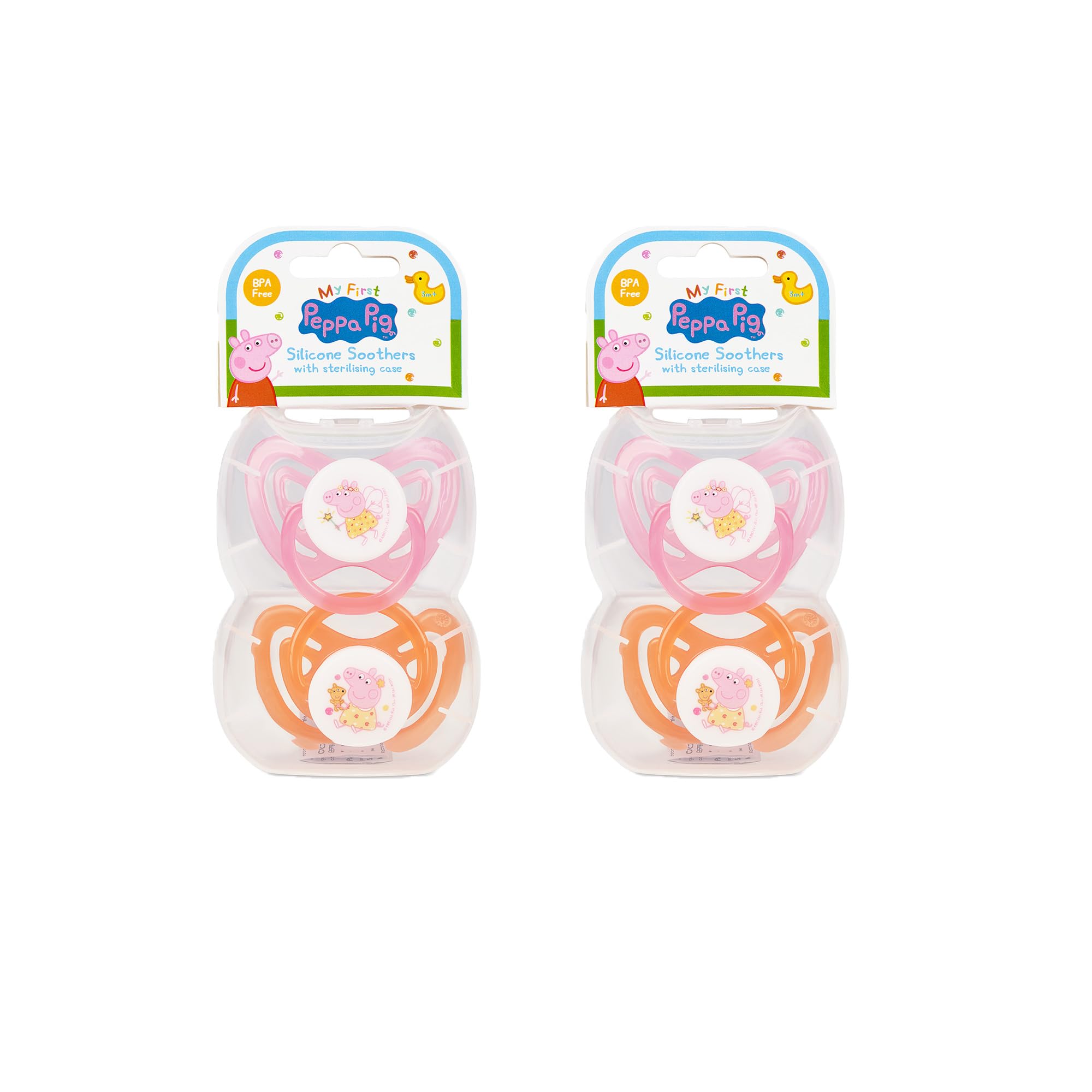 Baby Dummy, 3M+ Silicone Soothers with Sterilising Case, My First Peppa Pig 4 Pairs of Soothers, BPA Free Dummies for Babies Pink Orange Colourway Pacifier