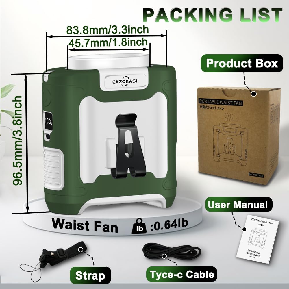 16000mAh Personal Waist Fan Portable Rechargeable Wearable Hand Free, 6-40hours Wearable Cooler for Traveling Working Outdoor Office (Green and White) - Image 6