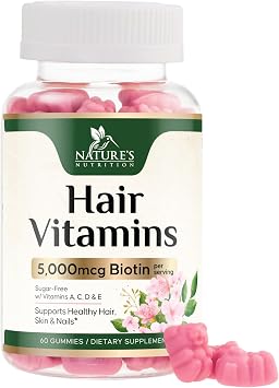 Hair Vitamins Gummies with Biotin 5000 mcg Per Serving - Extra Strength Hair Growth Support Vitamin E & C - Stronger Radiant Hair, Skin & Nails Supplement - Hair Growth Support Gummy - 60 Gummies