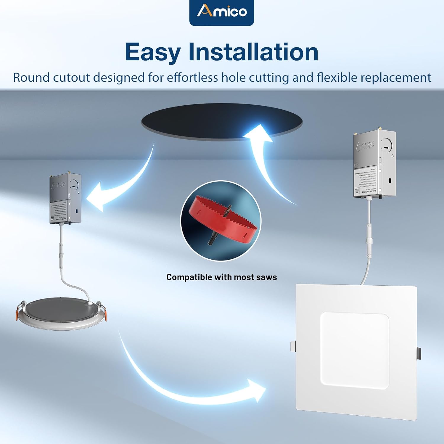 Amico 6 Pack 6 Inch Ultra-Thin LED Square Recessed Light with Junction Box, 5CCT 2700K/3000K/3500K/4000K/5000K Selectable, 1050LM Brightness, Dimmable Canless Wafer Downlight, 12W, ETL&FCC - Image 3