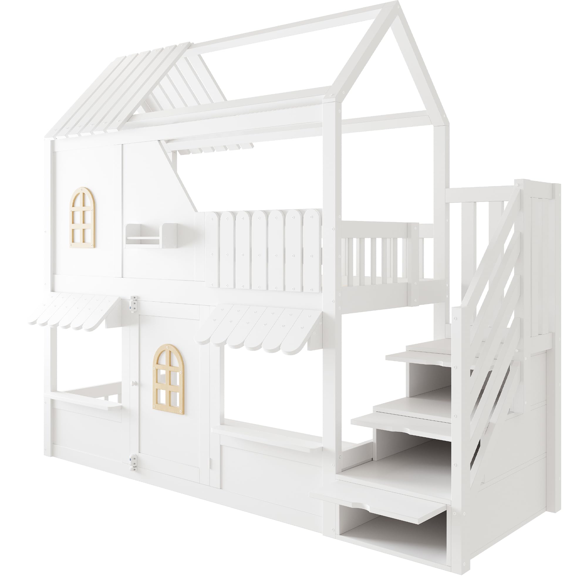 Litera infantil de 90 x 200 cm, color blanco, diseño en forma de casa con ventanas, techo, barandilla y puerta, escalera de almacenamiento y estantes, sin colchón