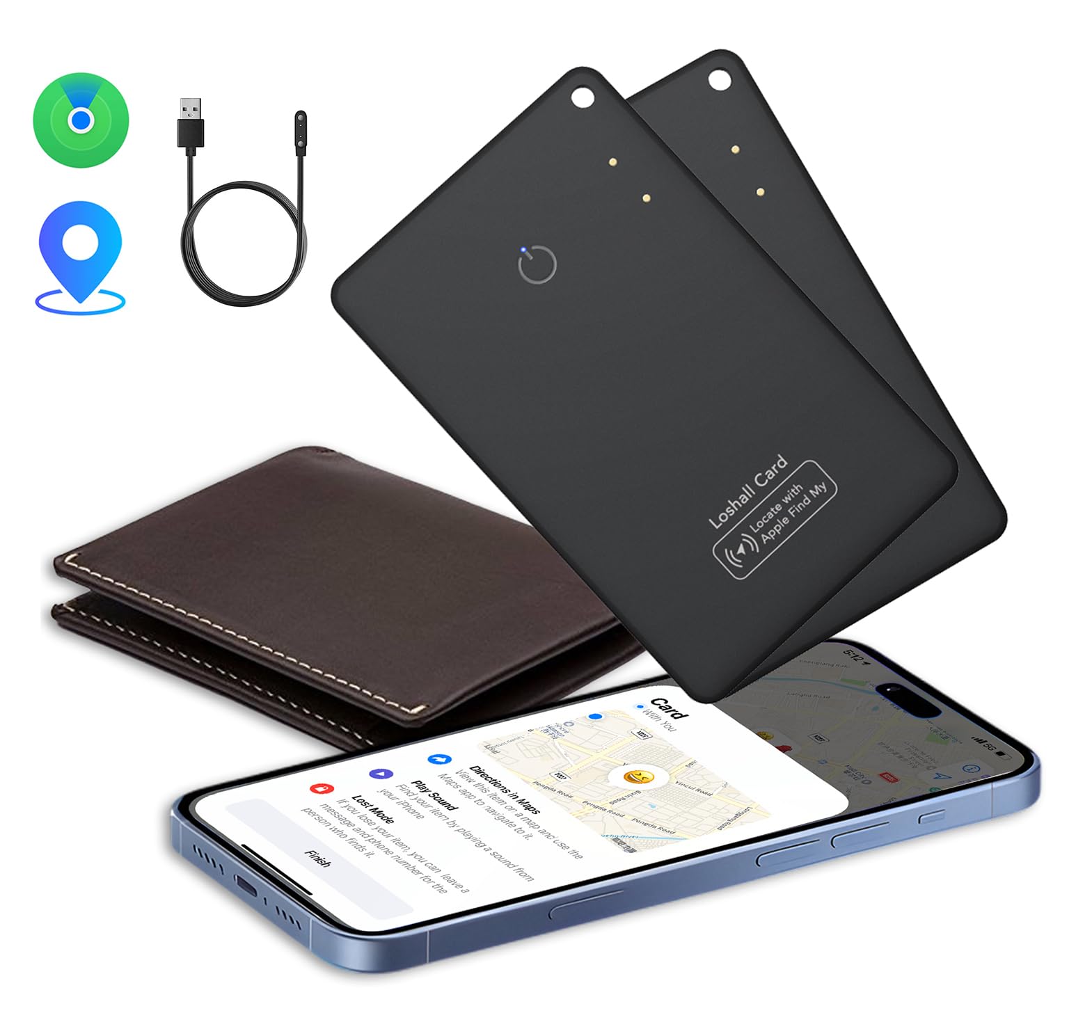 CASCHO Wallet Tracker Karte 2er Pack Ultradünn, Air Smart Tag Geldbörsenfinder Card Kompatibel mit Apple Wo ist? App (nur iOS), Wasserdicht Item Finder für Koffer/Geldbörsen/Schlüssel, Schwarz
