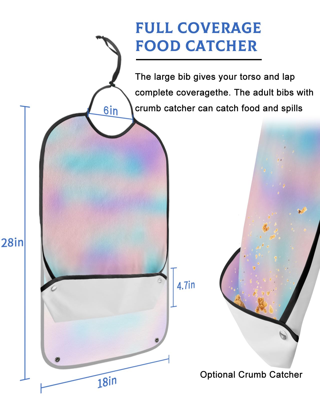 Kewadony Adult Bibs for Elderly Women - Colorful Ombre Waterproof Dining Clothing Protectors with Crumb Catcher for Eating/Feeding, Rainbow Gradient Terry Cloth Bib Machine Washable