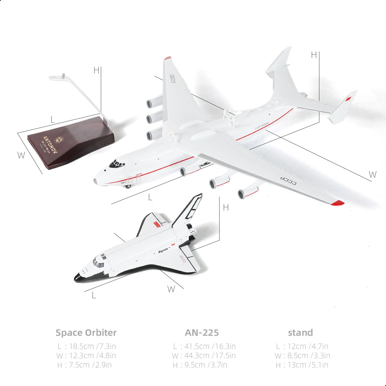 1/200 Antonov An-225 Buran Modello di navetta spaziale pre-costruito Mriya an 225 Modello di aereo (41,9 cm L) con supporto per appassionati di aerei militari adulti, oggetti da collezione