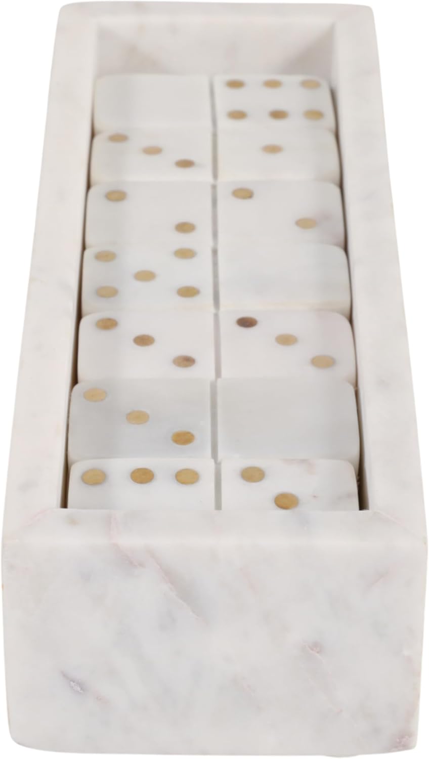 Rectangular Tabletop Coffee Table Game Domino Set in Marble and Brass for Living Room - Classic Family Game for Home Decor - Decorative Game for Office and Shelf Display - 3", White & Ivory