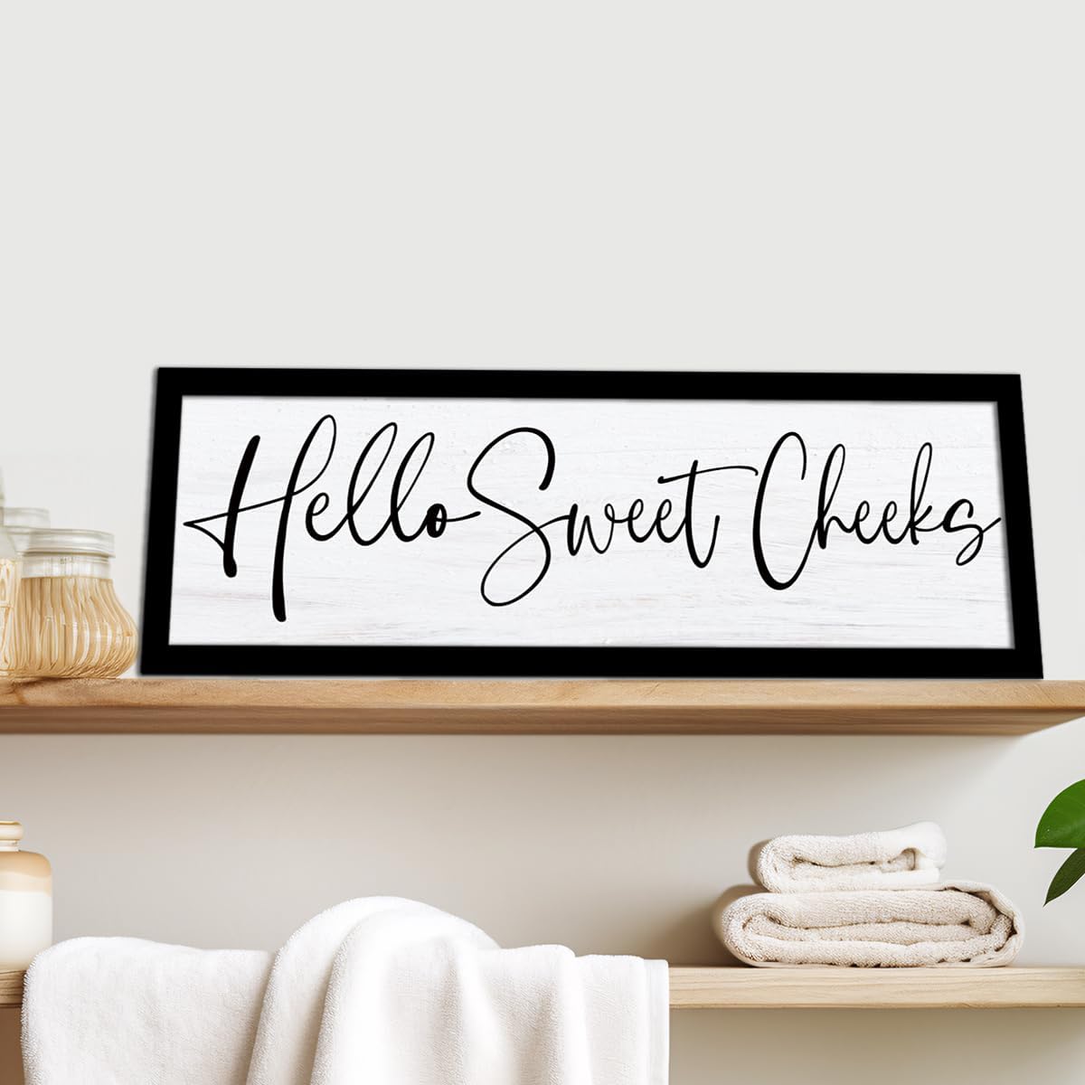 YEOION Rustic Bathroom Wall Decor Hello Sweet Cheeks Wall Art Wooden Frame Print for Restroom Toilet Decor,Funny Farmhouse Grey Bathroom Wall Art Decorations 24" x 8''