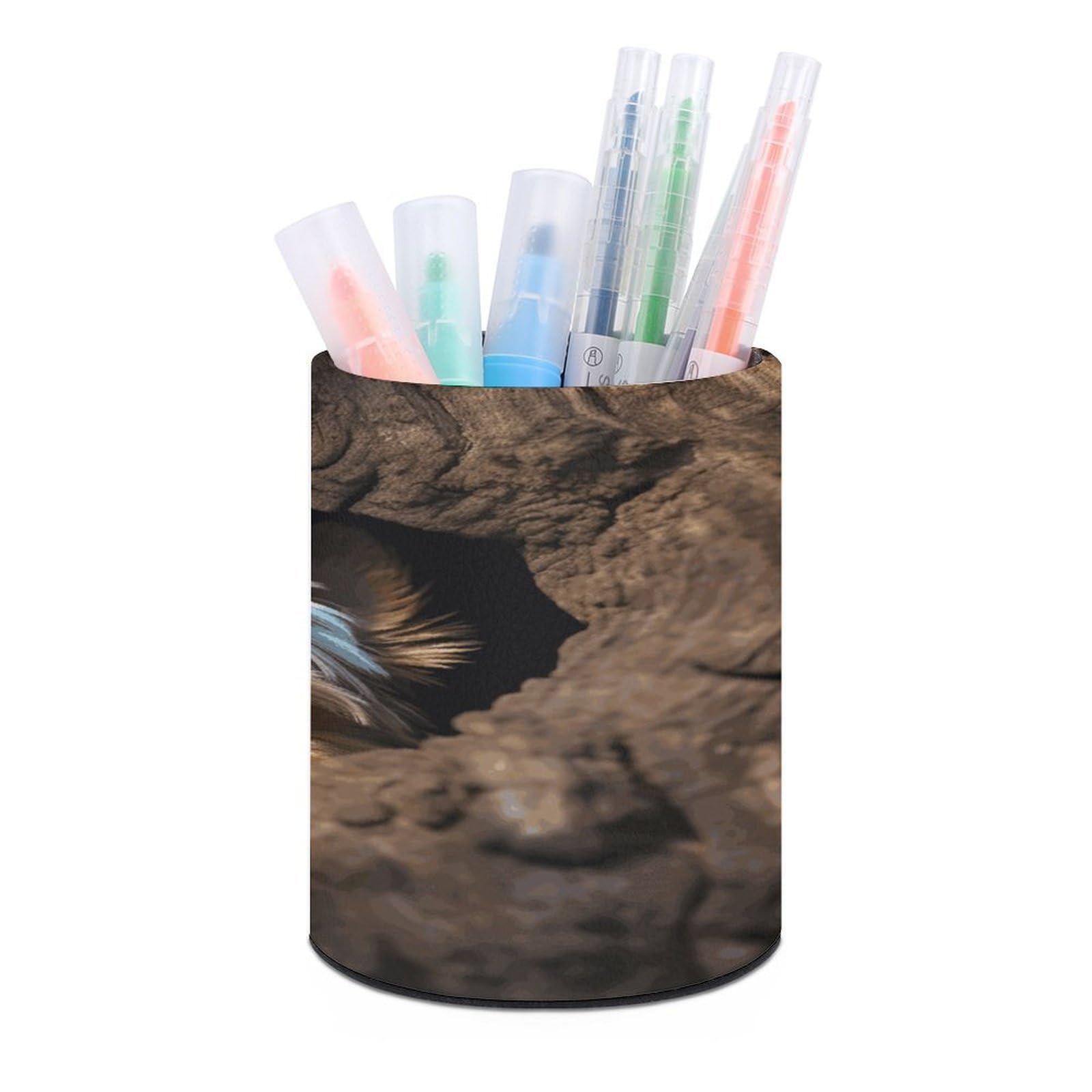 A Little Yorkshire Terrier Round Pencil Holder, PU Leather Pencil Holder Desk Organizer Decoration for Brushes, Desk and Home (3.1" x 3.9")