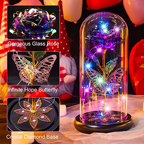 Birthday Gifts For Women, Galaxy Glass Rose Flowers Forever Eternal Crystal Light Up Rose In Glass Dome With Butterfly Best Mothers Day Presents Gifts For Her Mom Grandma Sister Wife Purple #TOP1