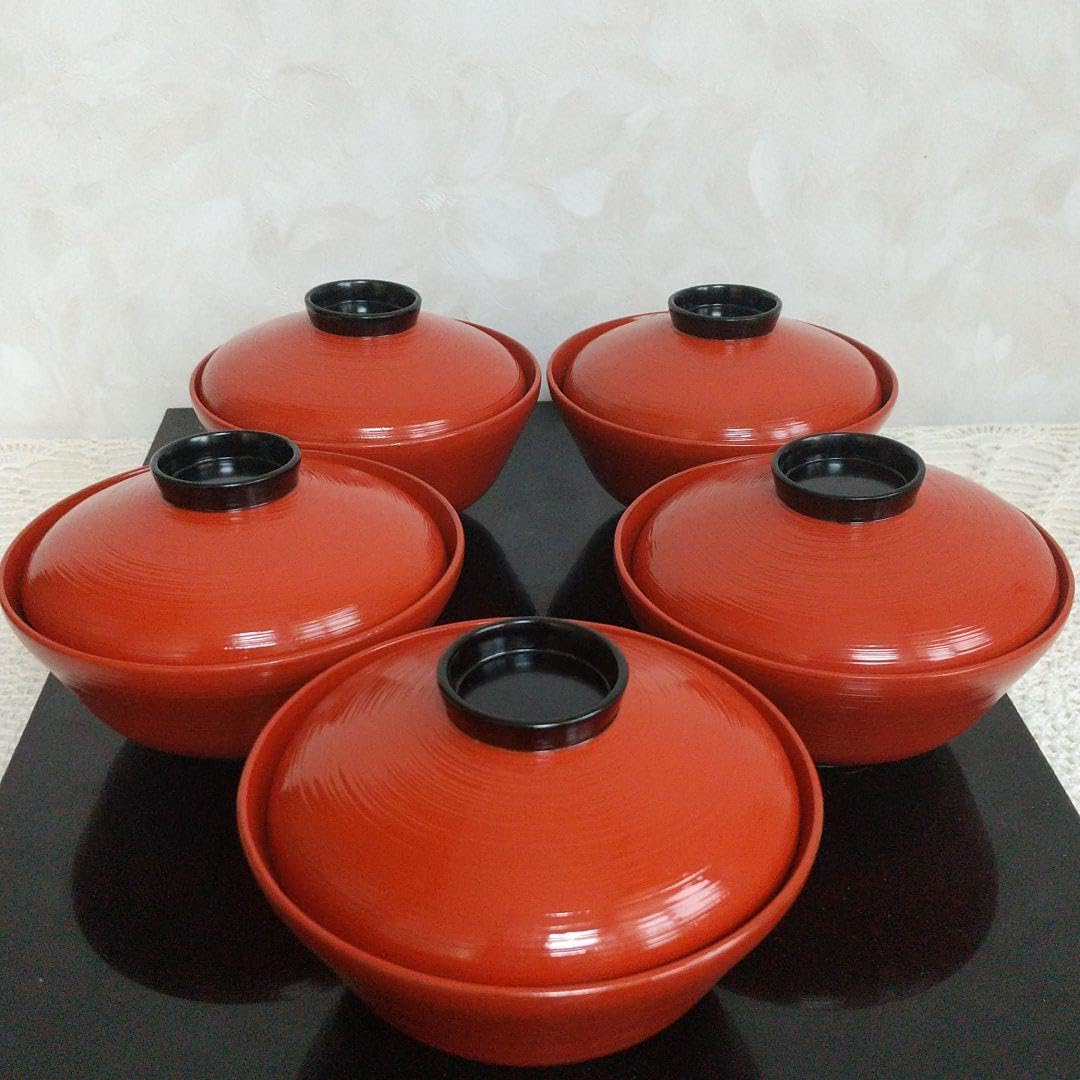朱塗り蓋付漆器椀　5客セット
現在
3,300円
（税込） 雑煮椀 5客 セット 530ml お椀 蓋付き 朱 黒 食洗機対応 電子