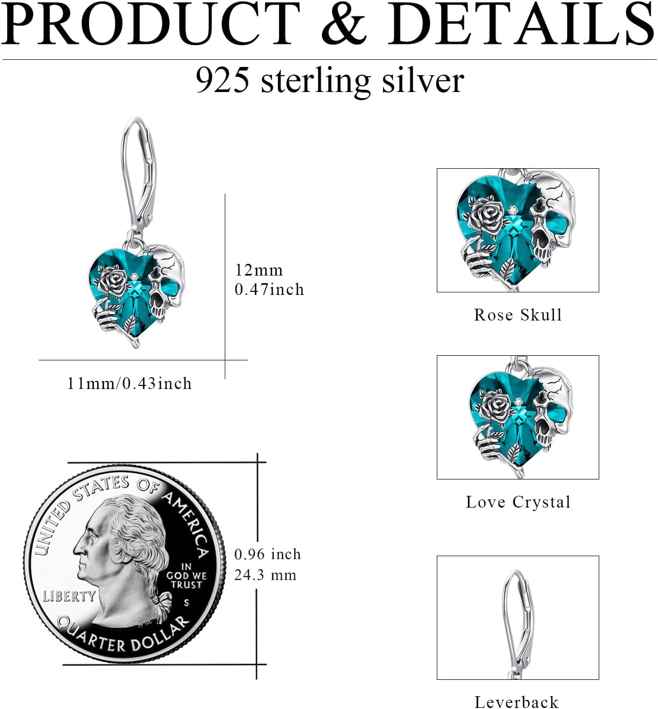 Rose Skull Earrings S925 Sterling Silver Heart Crystal Birthstone Dangle Drop Earrings Hypoallergenic Gothic Skull Leverback JJewelry Gift for Mom Daughter Wife - Image 3