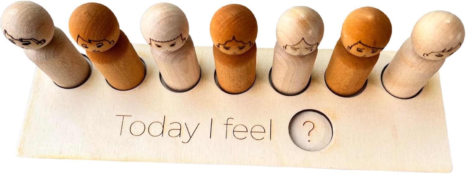 Emotion Faces Feelings on Peg Dolls With Board Montessori Wooden Toy Multicultural Educational Waldorf Wooden Toy