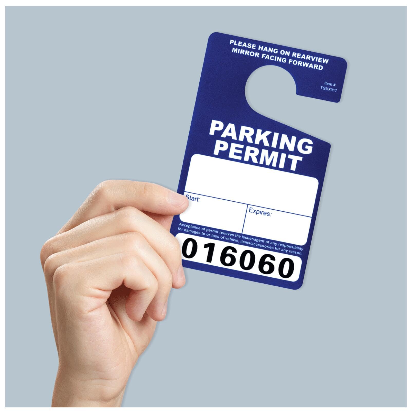 100 Pack Blue Parking Permit Hang Tags for Rear View Mirror. Bendable & Waterproof. Temporary Hanging Passes. Large Bold Consecutive Numbers. 3” x 5”.
