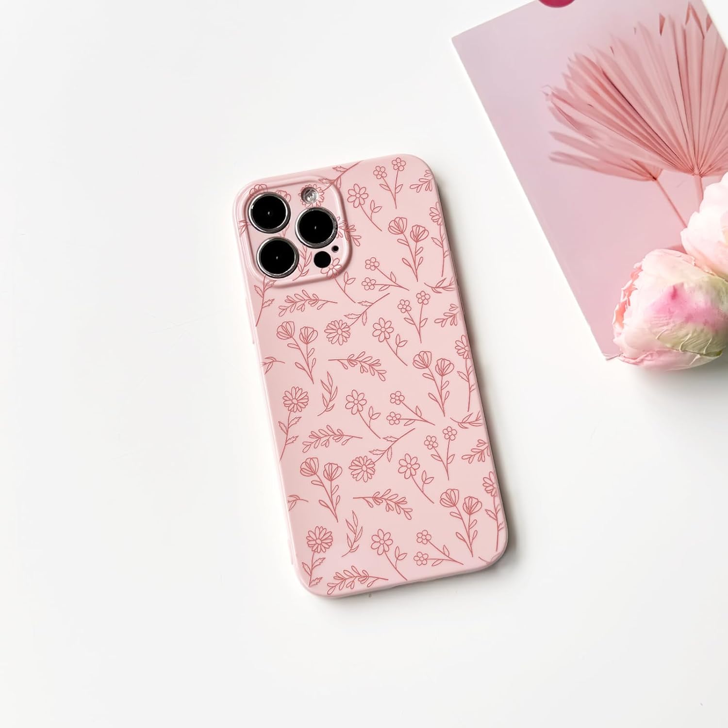 NITITOP Compatible with iPhone 13 Pro Max Case Cute for Women Girl Vintage Flower Floral Leaves Pattern Trendy Slim Fit TPU Silicone Shockproof Girly Fashion Protective Phone - Pink - Image 2