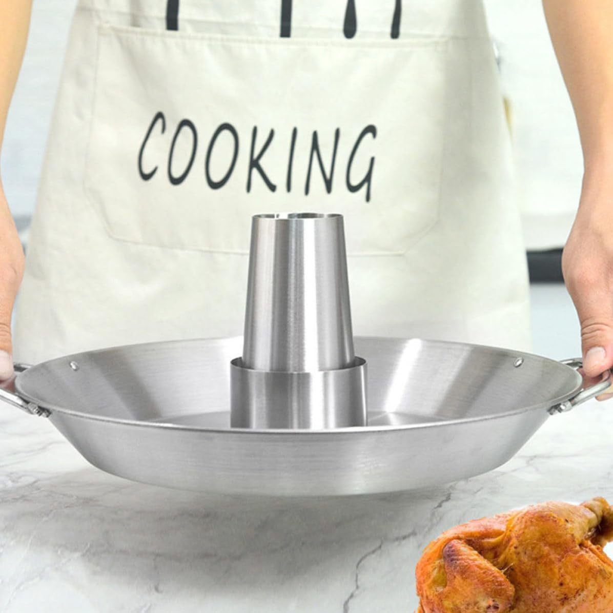 Soporte para Asar Pollo de Acero Inoxidable Diseño de Mango, Multiusos para Barbacoa y Horno, Adecuado para Parrilla y Cocina al Aire Libre