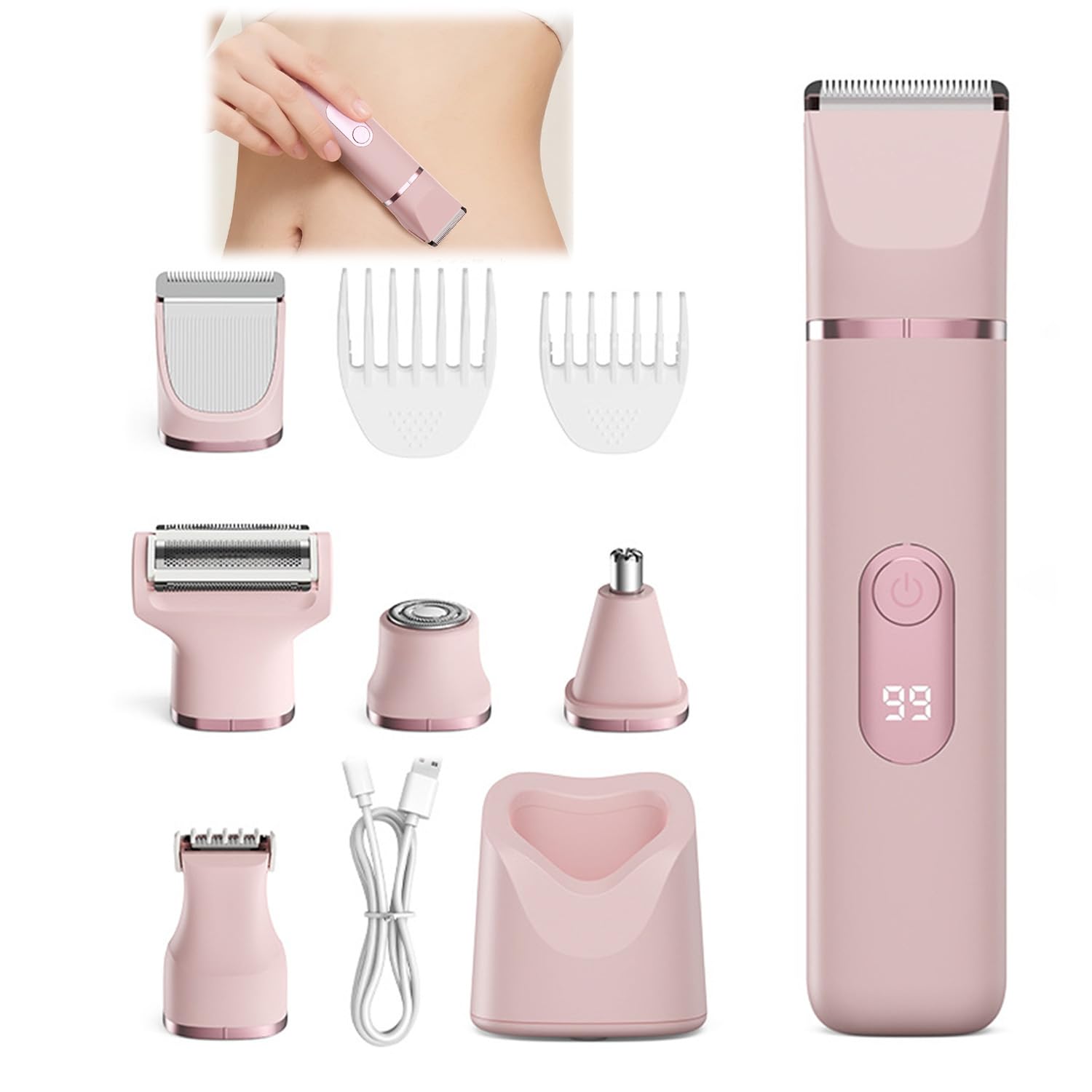 5-In-1 Rasierer Damen, Elektrisch Intimrasierer Für Frauen, Elektrischer Damenrasierer Gesichtshaarentferner,Für Körper Intimbereich Mit Led-Anzeige,IPX7 Wasserdicht Wiederaufladbar,Nass & Trocken