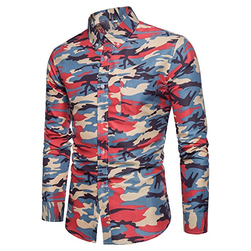 Cebbay Liquidación Camisa Estampada de Hombre Top de Camuflaje de Manga Larga y diseño Delgado Pullover Ropa de Hombre(Rojo, EU Size M = Tag L)