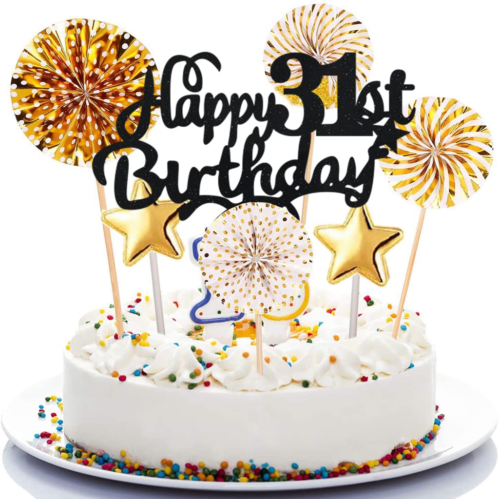 Pack Decoración Para Tarta 31 Cumpleaños - Topper Acrílico 'Happy 31', Globos Confeti Negro Y Estrellas - Fiesta Para Hombre O Mujer