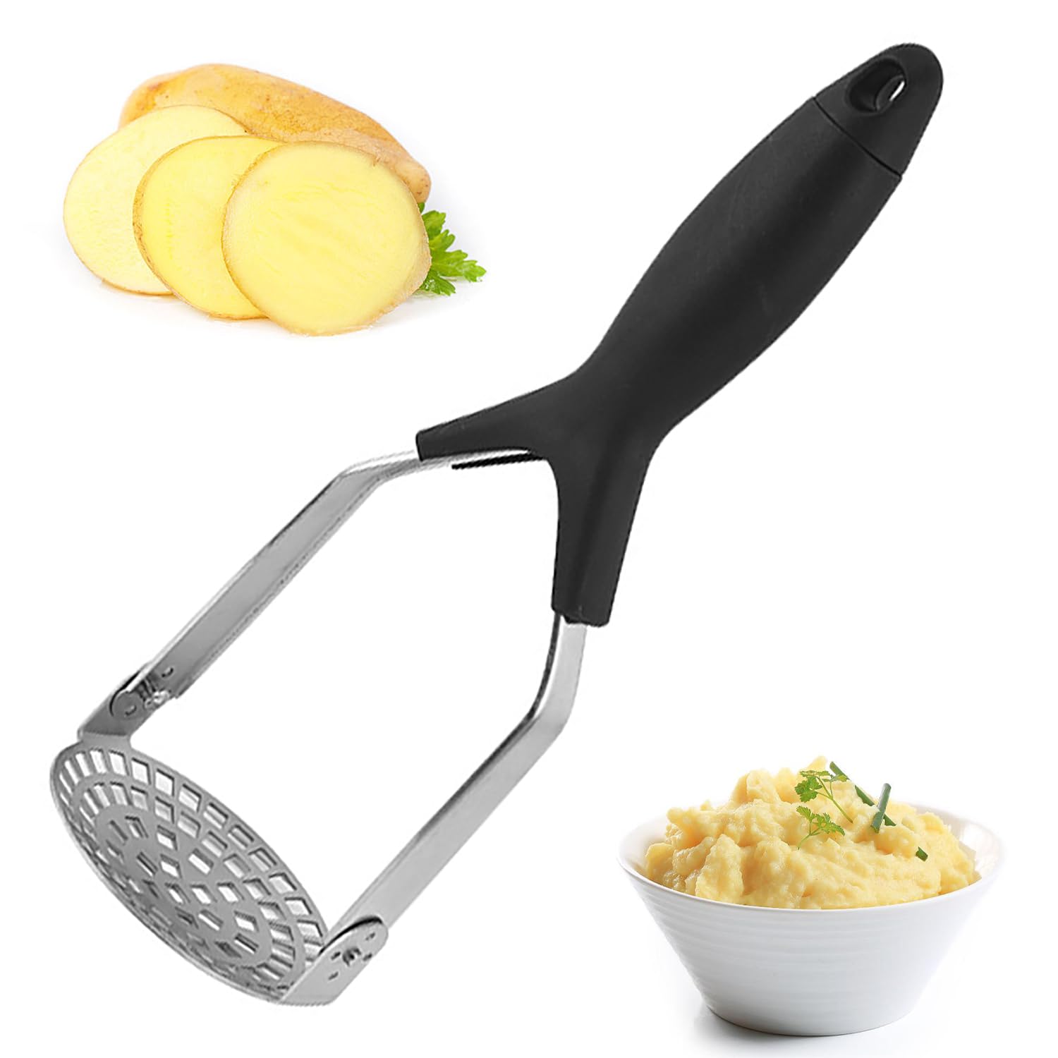 Machacador de Patatas de Acero Inoxidable, Máquina Trituradora de Patatas Manual, con Mango Antideslizante, Pasapurés Triturador de Patatas para Hacer Puré de Verduras, Frutas