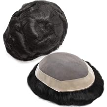 Mens Toupee Fine Mono Lace Human Hairpiece PU Poly Skin Around Hair System Durable Monofilament Wig Black Hair Replacement for Men6"x8",1B#-Off Black/Natural Black-100% Light to Medium Light Density