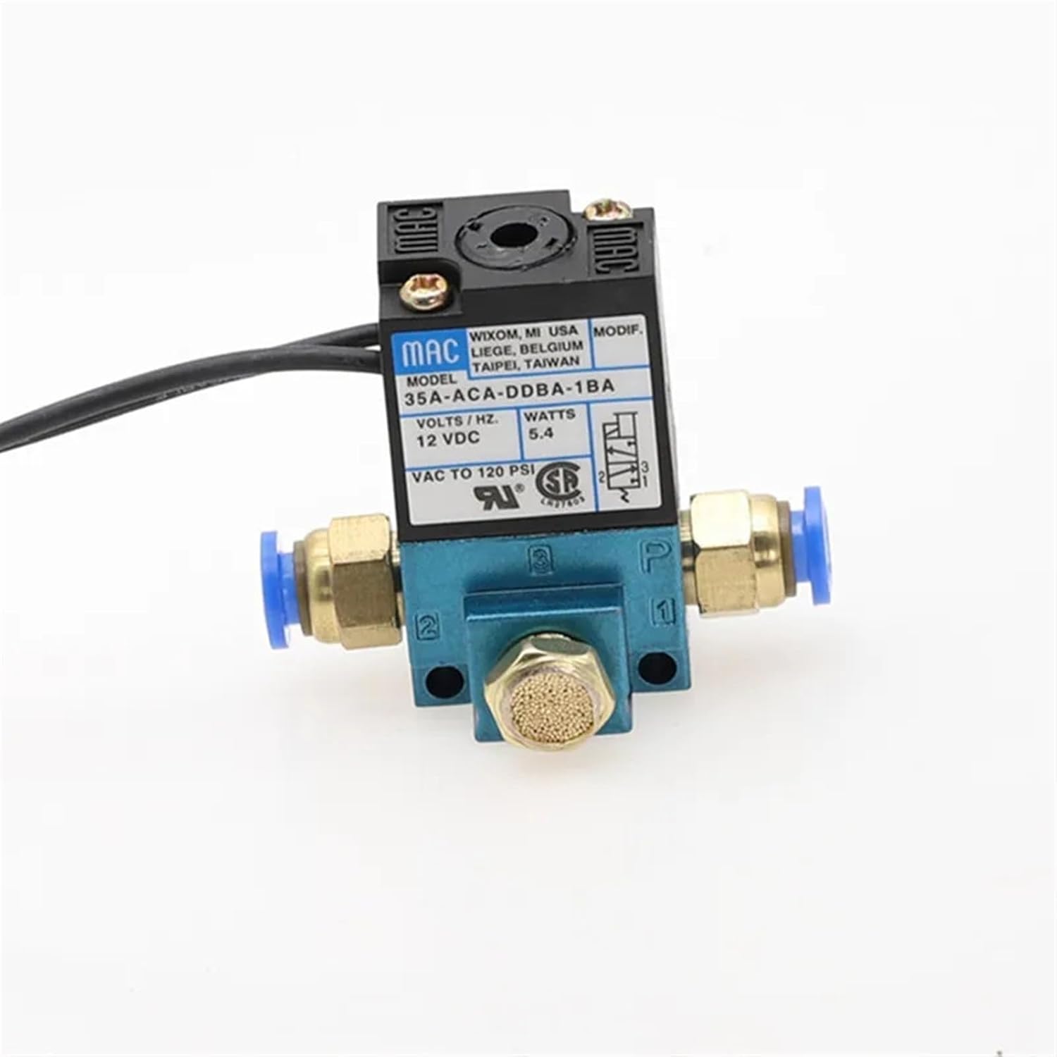 3 Port Electronic Boost Control Solenoid Valve DC12V 35A-ACA-DDBA-1BA With 6MM Tube Fittings Brass Silencer(BT4mm Tube,12V)