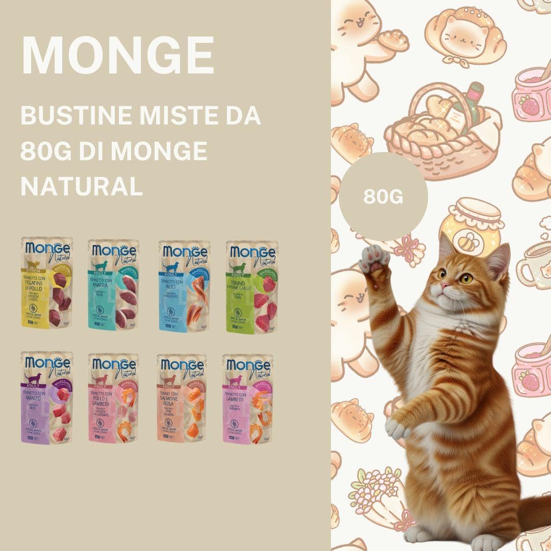 Monge Natural Bustine gatto, alimento completo per gatti, monge umido gatto gusti Assortiti | 24 bustine da 80 grammi l’una.