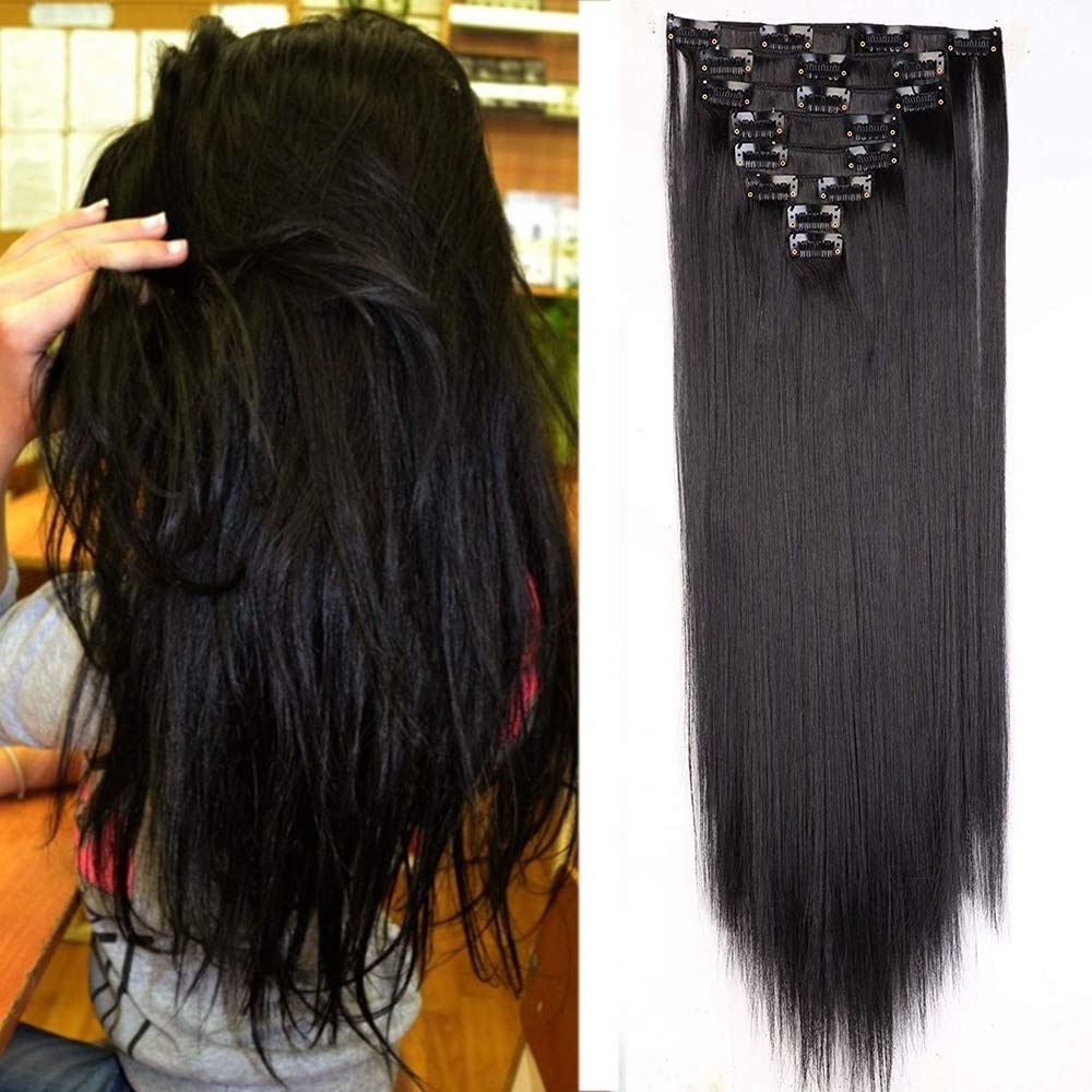 23"(58cm) SEGO Extensiones de Clip Pelo Sintético Se Ve Natural 8PCS [Arena Oscura mezcla Rubio Claro] Cabello Liso Largo Postizos Pelucas para Mujer (140g) — view 26