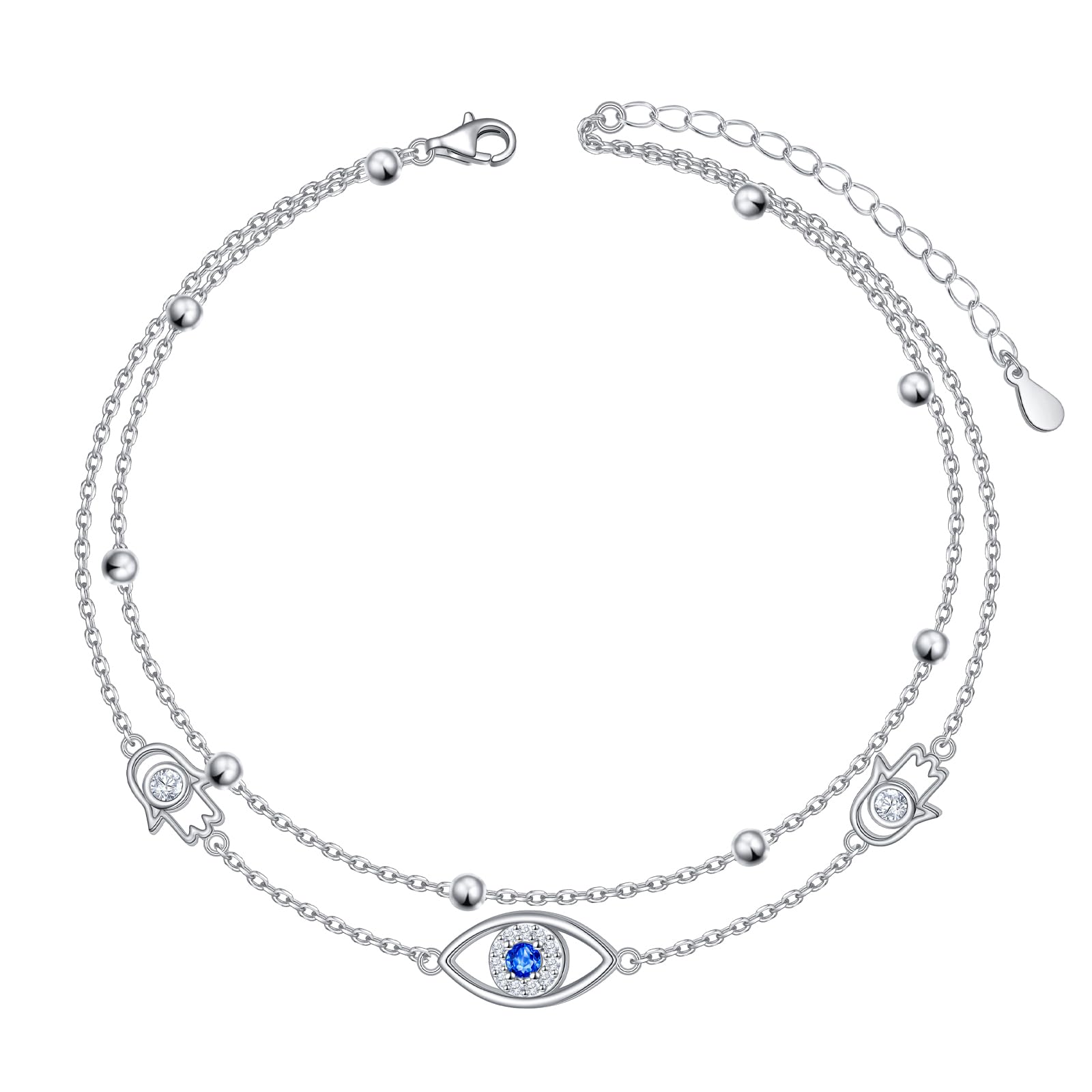 Tobilleras ajustables de plata de ley 925 contra el mal de ojo para mujer, doble capa, cadena de pie de playa, regalos de joyería