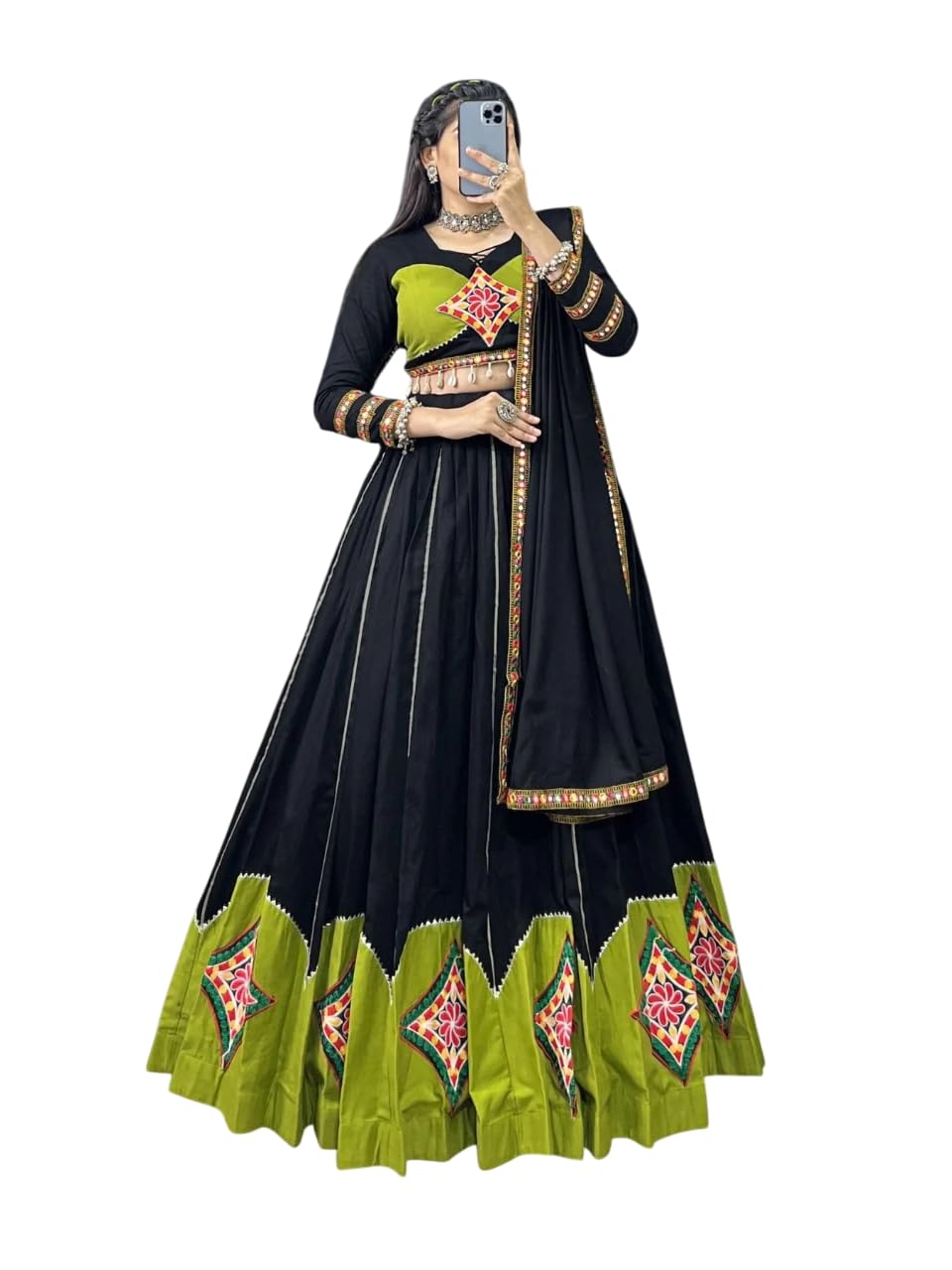 Women's Black Color Gamthi Patch Work Cotton Navratri Lehenga Choli-image-49