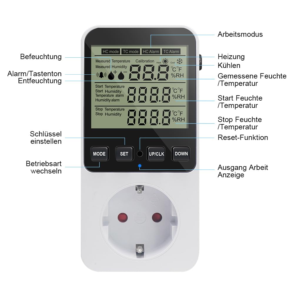 KETOTEK Digitaler Hygrostat mit Steckdose, 230V Feuchtigkeitsregler für Luftbenteuchter & Luftentfeuchter, Temperaturregler mit 3m Fühler & Alarm, für Gewächshaus, Keller, Inkubator