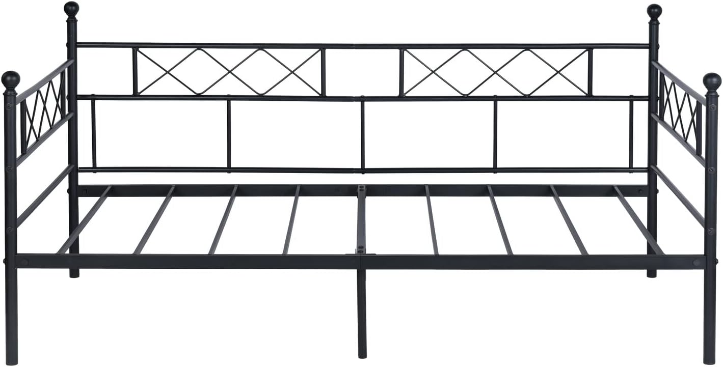 Twin Size Daybed Frame, Day Bed Black Metal Daybed Frame with Headboard, Mattress Platform Base Box Spring Replacement Sofa Bed for Living Room Guest Room/Style X/Black