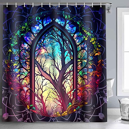 NTETSN Fantacy Castle Window Shower Curtain, Arched Door Through Fairy Tale Forest, Colourful Stained Windows Circle Scenery Polyester Cloth Bathroom Decor Set with Hooks,72x72 Inch YLZYNT510 by NTETSN - Used condition - US$13.63