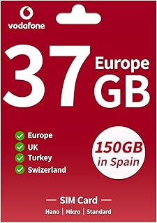 Vodafone Europe Prepaid SIM Card - 37GB Data in 4G/LTE in UK and Europe, 150GB + Unlimited Calls in Spain, Vodafone SIM Card Europe for 28 Days, Supported Hotspot for iPhone/Android Mobile Device L0