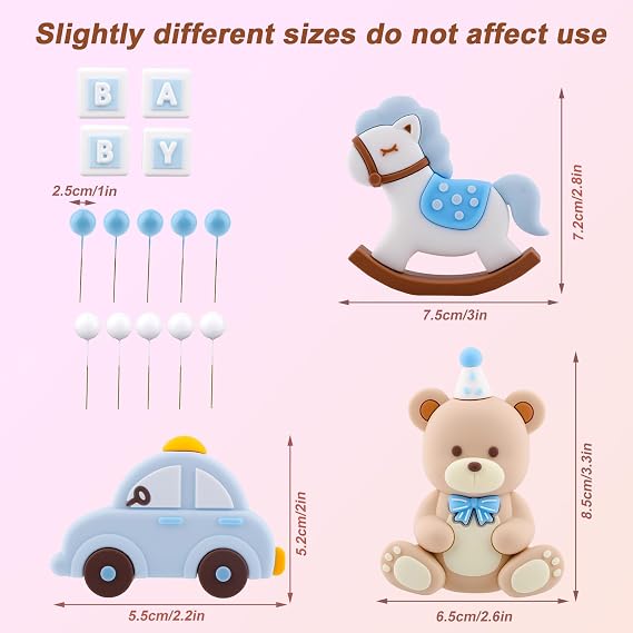 Blue Bear Cake Decoration, Cake Topper Set Baby Shower and Birthday Decorations with Bear Rocking Horse Car Letter Block Balloons for Party Decor