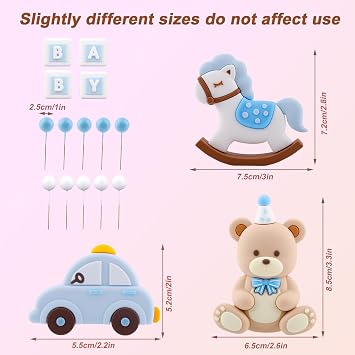 Blue Bear Cake Decoration, Cake Topper Set Baby Shower and Birthday Decorations with Bear Rocking Horse Car Letter Block Balloons for Party Decor